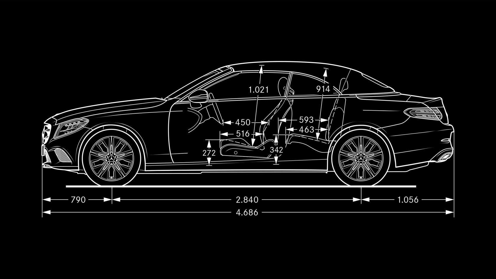 Na obrázku jsou rozměry modelu Mercedes-Benz Třídy C kabriolet při pohledu z boku.
