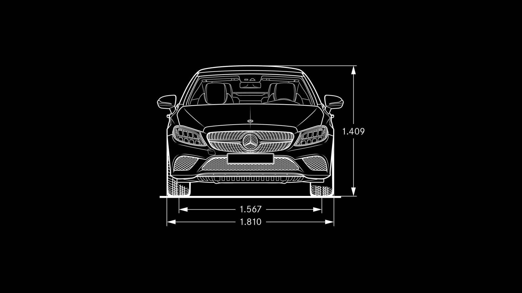 Na obrázku jsou rozměry modelu Mercedes-Benz Třídy C kabriolet při pohledu zepředu.